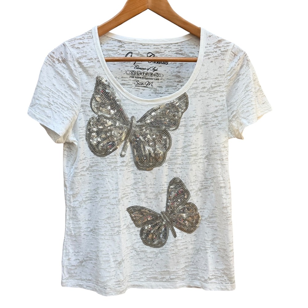 Onque Casuals Sequin Butterfly Burnout‎ T Shirt Womens M Fairy Coquette Retro